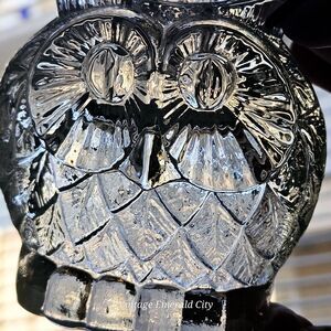 Vtg Embossed Molded Clear Glass Owl Wise Bird Taper 3.75" H Candle Holder Poland
